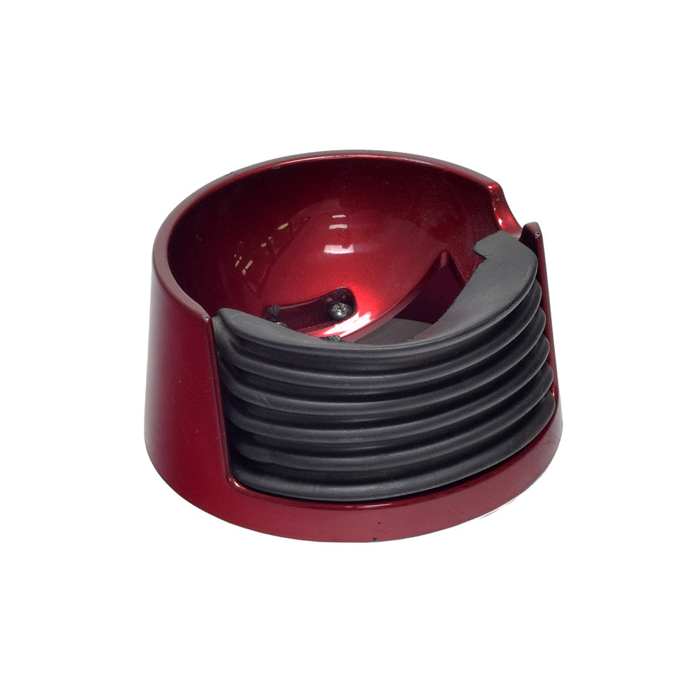 Red Tiller Base with Boot for the Rascal 600F (Used), featuring a red body with black rubber bands, designed as a replacement scooter part to protect the tiller's internal joint from damage.