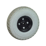 3.00-4 (10x3, 260x85) Flat-Free Drive Wheel Assembly for Jazzy Select, Select 6, and Select GT Power Chairs (Used), featuring a black steel dish rim, Primo 3.00-4 tire, and bolts on the back.