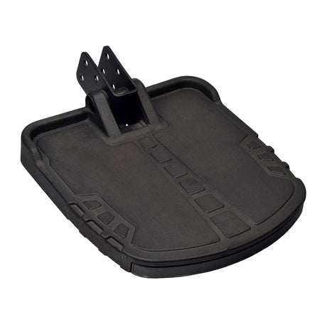 ATX Style Foot Platform with Rubber Mat for Jazzy and Quantum Power Chairs (Used). A black plastic stand with a metal bracket designed for various Jazzy and Quantum models.