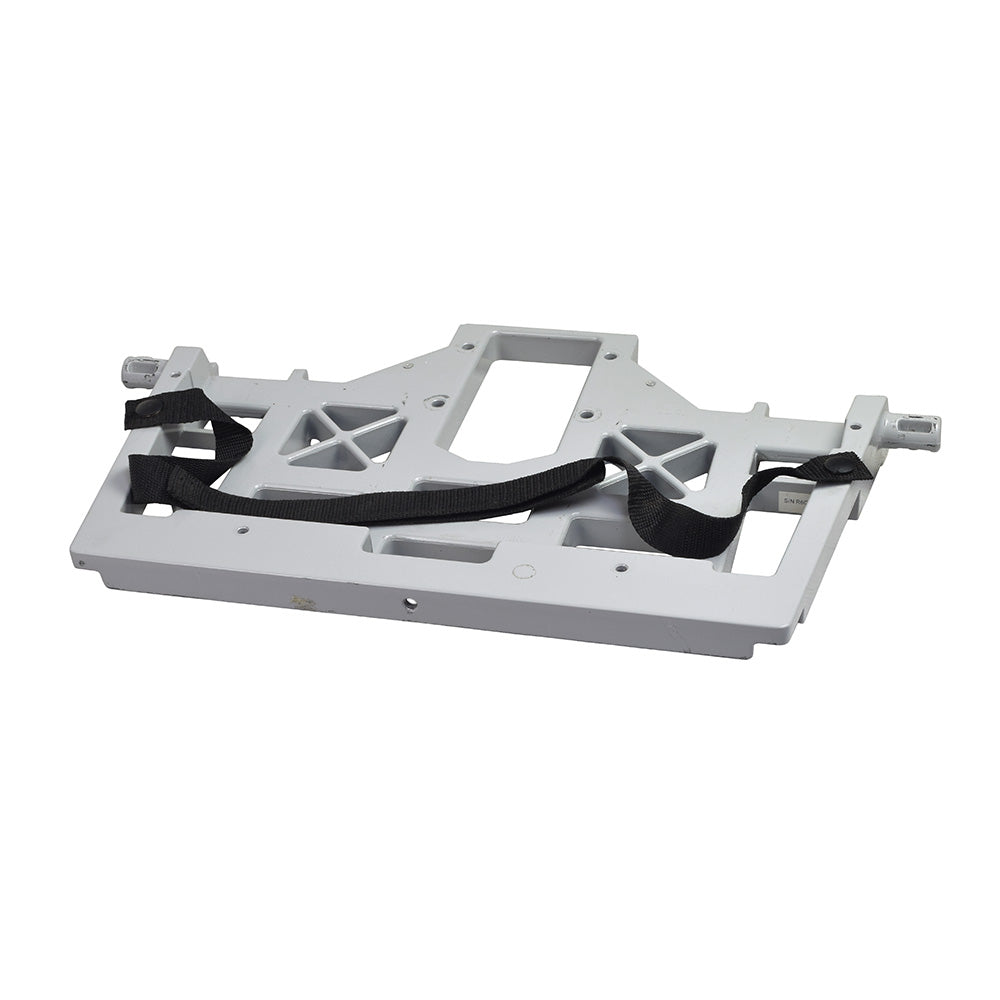 Rear Base Frame for the Rascal 600F (Used) - This white plastic frame features black straps and shows minor scratches. Ideal as a durable replacement part for the Rascal 600F mobility scooter.