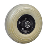 3.00-4 (10x3, 260x85) Pneumatic Front Wheel Assembly for the Rascal 600F (Used) features a black rim with a metal center and ribbed tread.