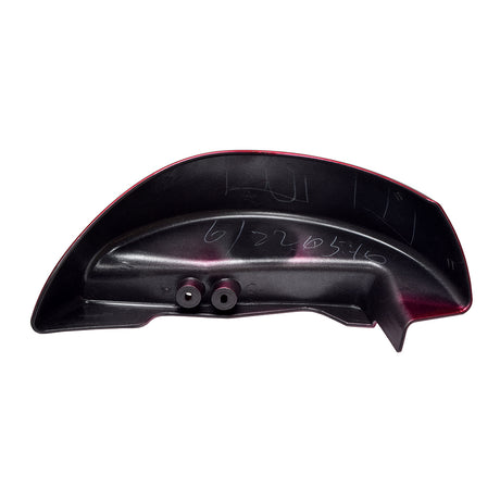 Left Side Fender for the Jazzy Select (Used), featuring black and red detailing with visible writing, in excellent condition. Ideal for protecting electrical components from dirt and debris.