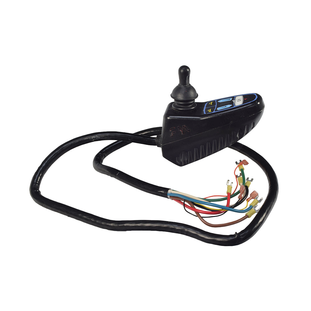 Joystick for the Hoveround® Teknique® FWD (Used), featuring attached wires, shown in close-up. This pre-tested, functional controller is ready to rejuvenate your Teknique® FWD power chair.