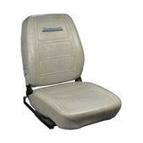 Seat Assembly for the Hoveround® Teknique FWD® (Used) featuring a well-worn grey leather seat with visible scrapes, scratches, and a gouge on the back upholstery, including the seat base and metal frame.