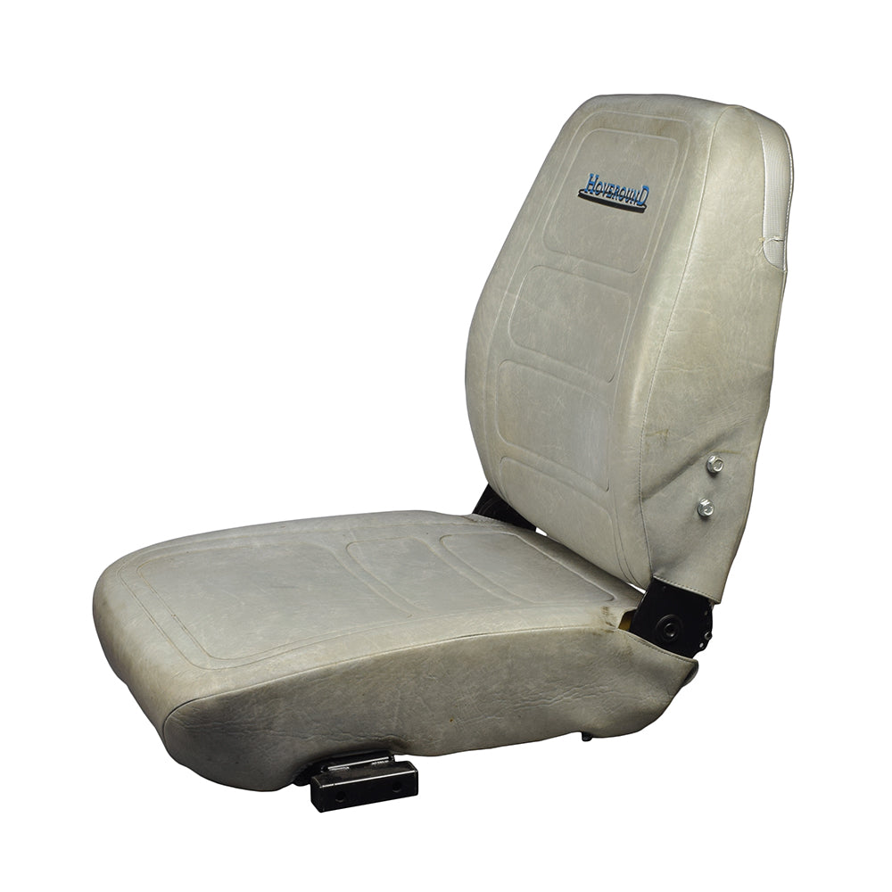 Seat Assembly for the Hoveround® Teknique FWD® (Used) featuring a white seat with a visible logo, showing minor scrapes and a gouge on the rear upholstery.