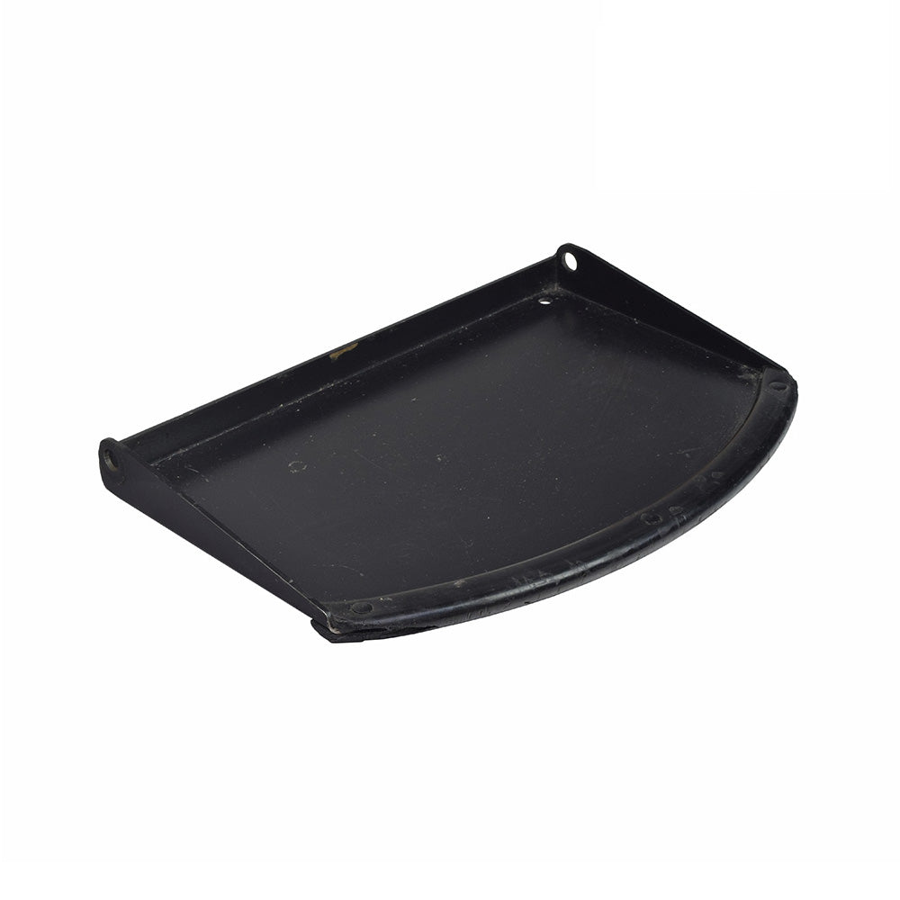 Foot Platform for the Hoveround® Teknique FWD® (Used) - A black metal tray with holes, showing minor scratches and scrapes, 17-7/8 wide by 10-3/8 deep, without hardware.