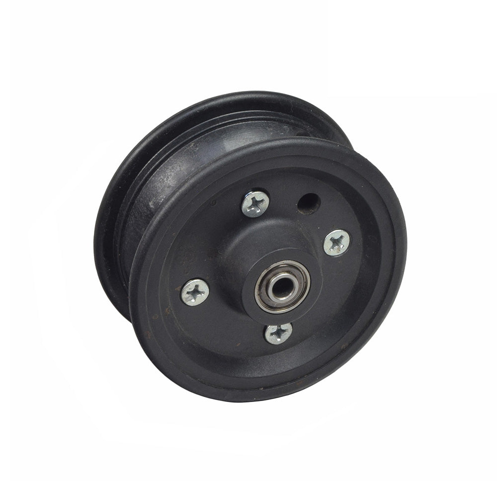 Caster Wheel Hub with Hardware for Hoveround® Teknique FWD® (Used) showing a black wheel with visible screws and a round center, designed for replacing damaged drive wheel rims.