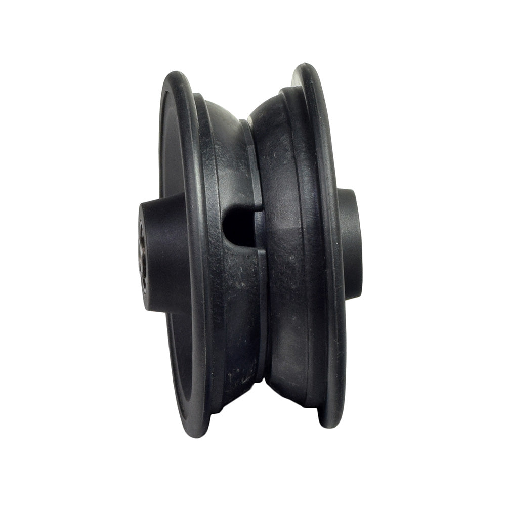 Caster Wheel Hub with Hardware for the Hoveround® Teknique FWD® (Used) - a black wheel hub with a round center, suitable for mounting solid or foam-filled tires on a Hoveround® scooter.