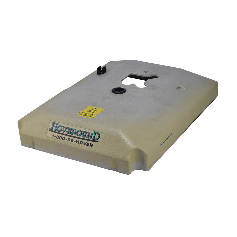 Battery Cover for the Hoveround® Teknique FWD® (Used) - A white rectangular object with a central hole, showing some scratches and discoloration, indicative of good usable condition for replacement purposes.