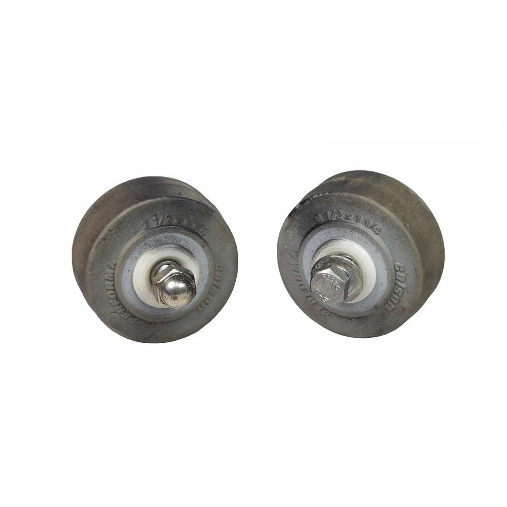 Set of Two Anti-Tip Wheels for the Hoveround® Teknique FWD® (Used), featuring close-up views of metal wheels with attached bolts, nuts, and washers essential for installation.