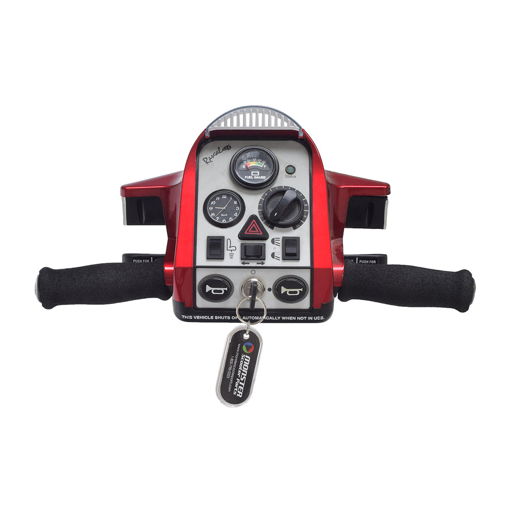 Tiller Assembly with Key for the Rascal 600F & 600T (Used). A red and black machine with dials, keys, and gauges, complete with a key for easy installation.