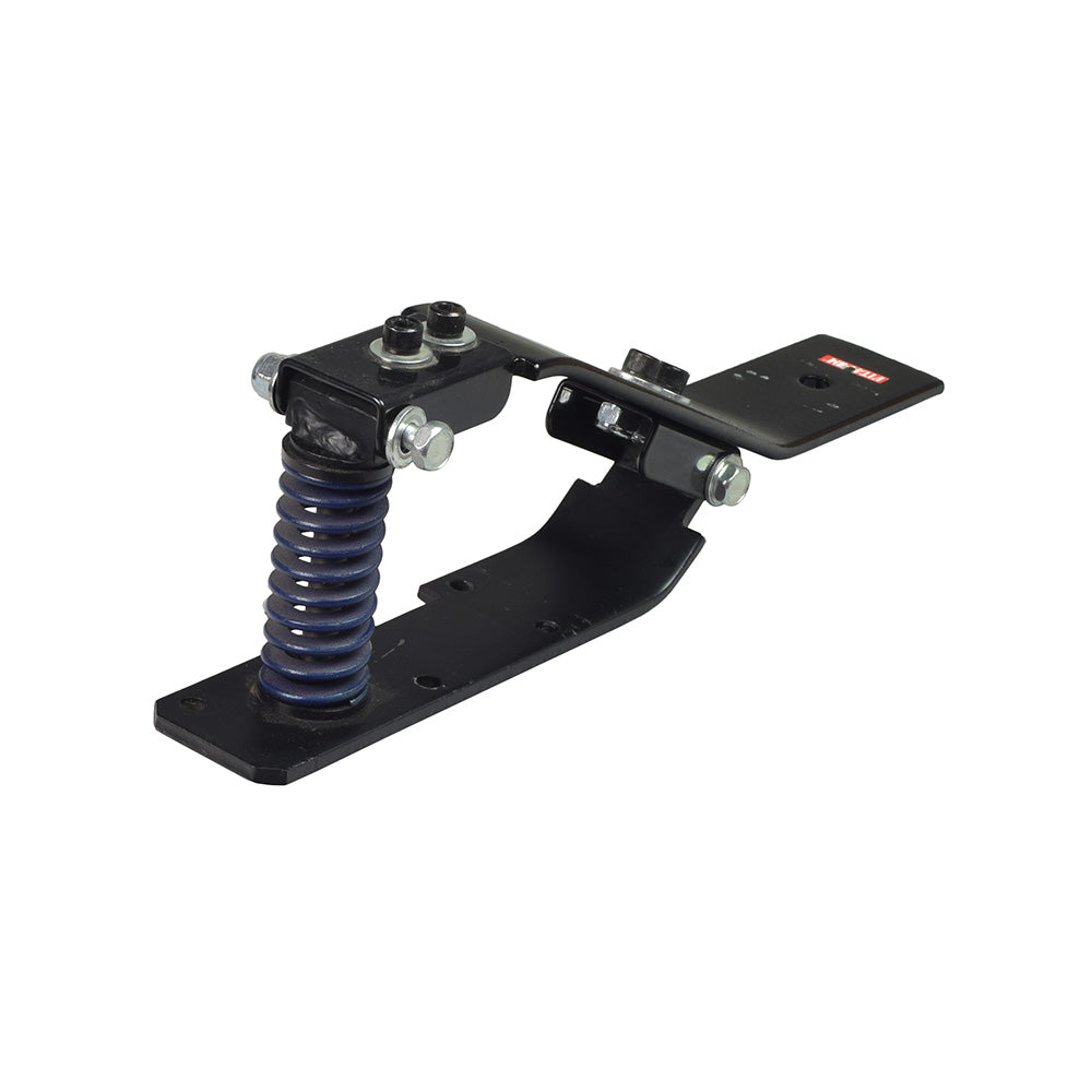 Left Rear Suspension Shock for the Rascal 600F & 600T (Used), featuring a black metal spring with screws and attached bracket, ideal for replacing damaged or missing scooter parts.