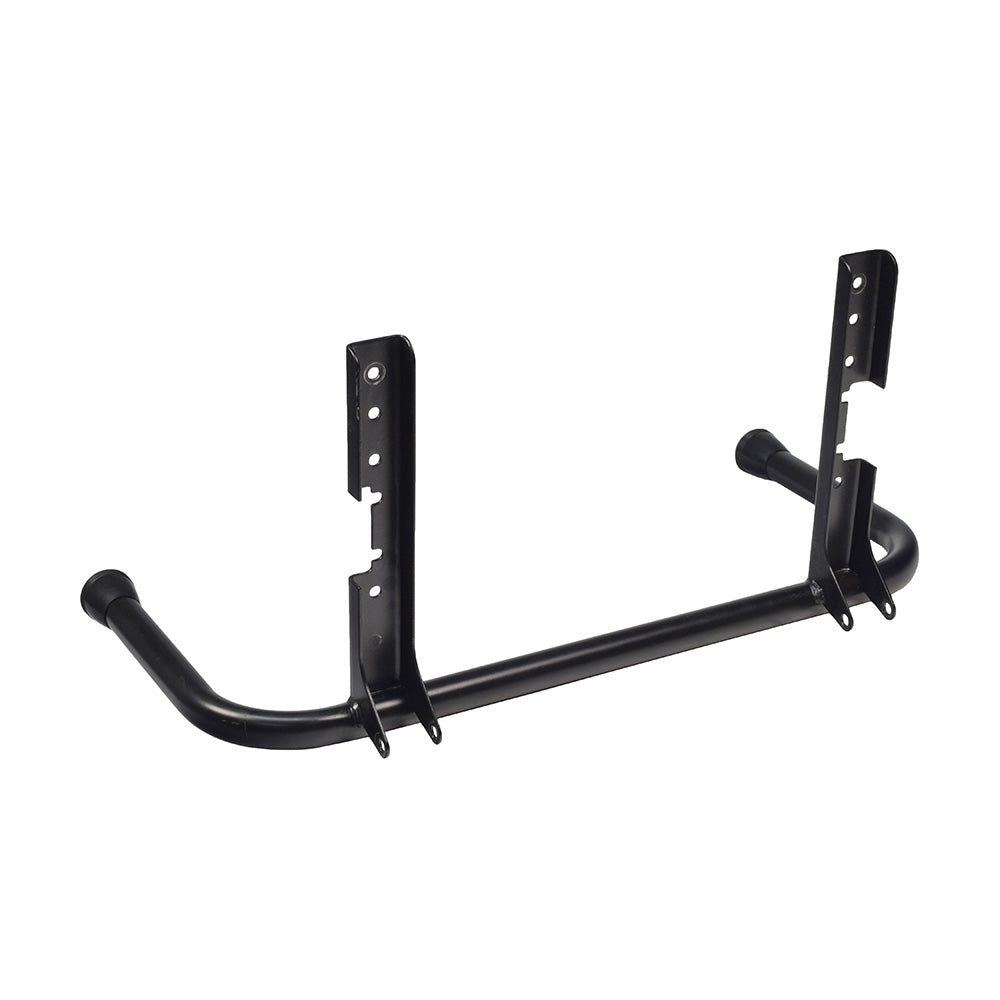 Rear Frame Anti-Tip Bar for the Rascal 600F & 600T (Used), a black metal bar with holes and a handle, designed to mount anti-tip wheels and serve as a rear crash bar.