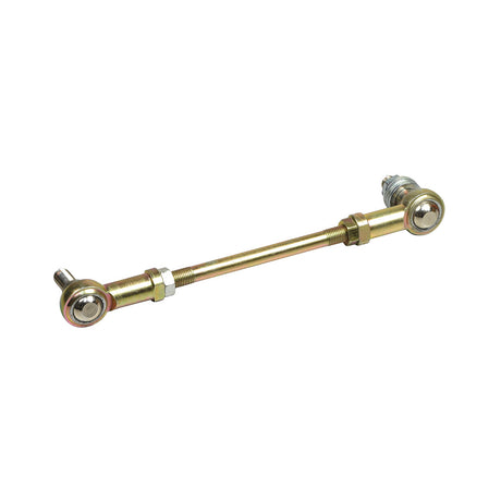 Tie Rod End with Ball Joints for the Rascal 600F (Used) features a metal rod with attached bolts and nuts, including visible ball joints. Ideal for replacing damaged tie rods on mobility scooters.