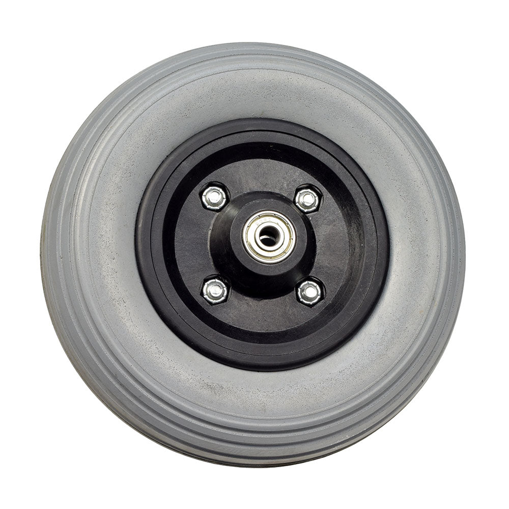 8x2 (200x50) Front Caster Wheel with Ribbed Tread for the Quickie Pulse 6 (Used), showing a black rim and visible screws, suitable for replacing the front caster wheel on a power chair.