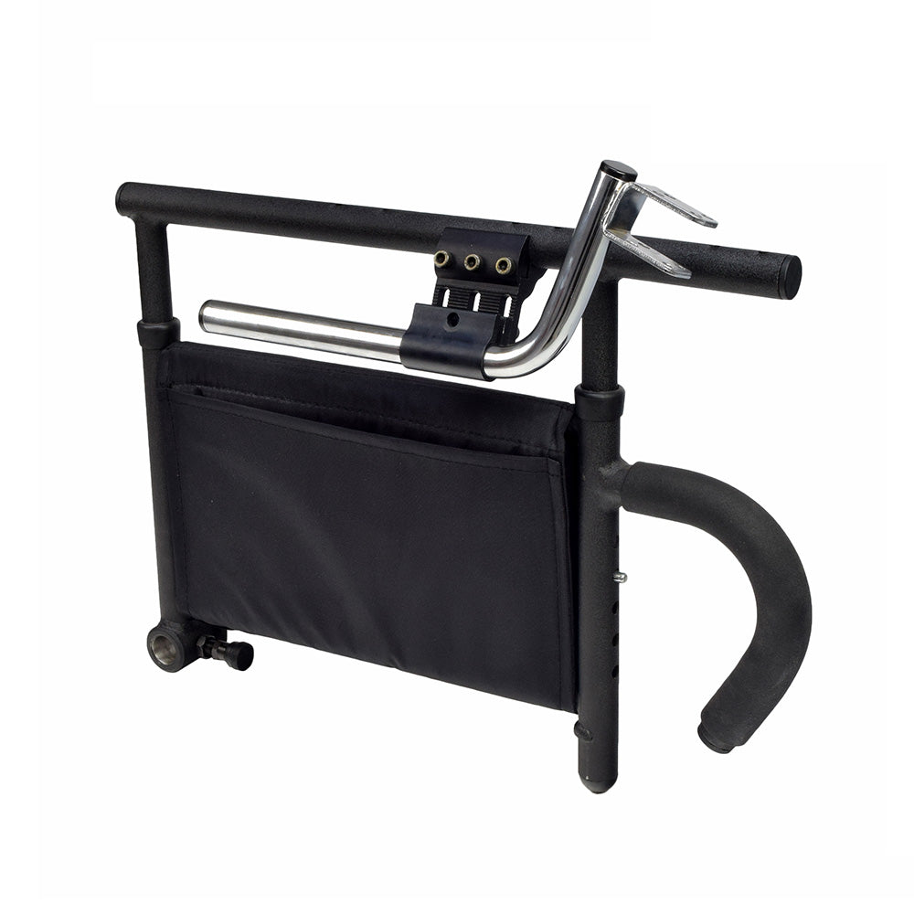 Right Armrest Assembly with Joystick Bracket for the Quickie Pulse 6 (Used) featuring a black and silver handlebar, black metal frame, and attached black side pouch.