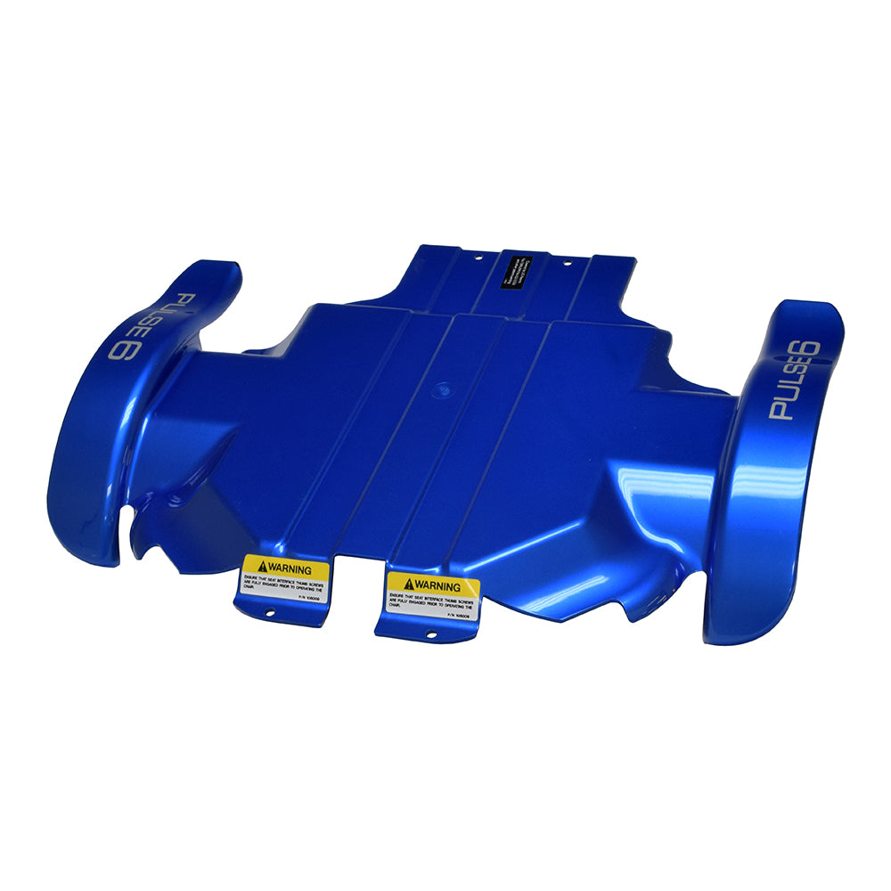 Blue Top Plastic Shroud for the Quickie Pulse 6 (Used), showcasing a pristine blue plastic exterior with yellow labels, ideal for refurbishing a Pulse 6 power chair with minimal wear.