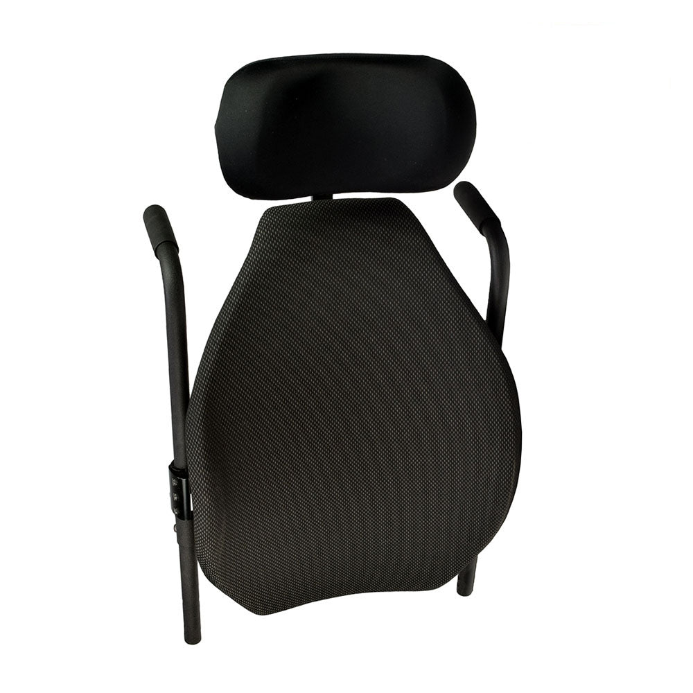 15x21 Invacare Matrx Elite Seat Back with Headrest (Used) featuring a black backrest, armrest, adjustable headrest, and back support frame with attendant's grips, ideal for power chairs or wheelchairs.