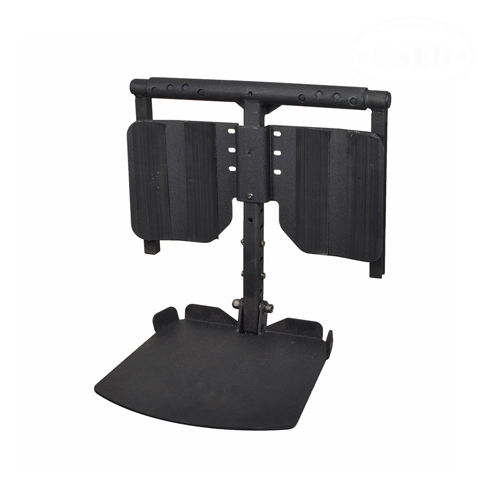 Foot Plate Assembly for the Quickie Pulse 6 (Used) showing a durable black metal stand with adjustable footrest platform, folding calf rests, and metal post, taken from a pre-owned power chair.