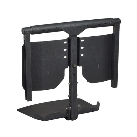 Foot Plate Assembly for the Quickie Pulse 6 (Used) showing a black metal object with holes, adjustable for height and width, featuring folding calf rests.