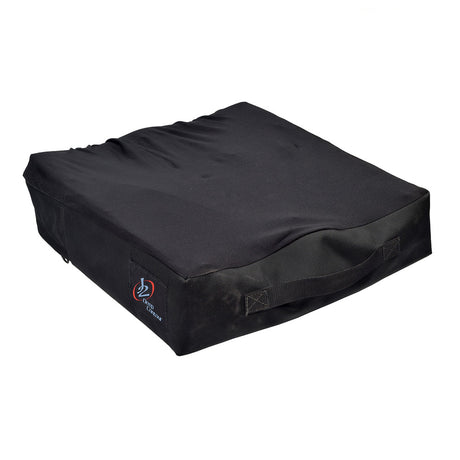 16x18x4-1/2 J2 Deep Contour Power Chair & Wheelchair Seat Cushion (Used) featuring a black fabric cover with a logo, showcasing a deep, cushiony gel pad backed by foam layers.