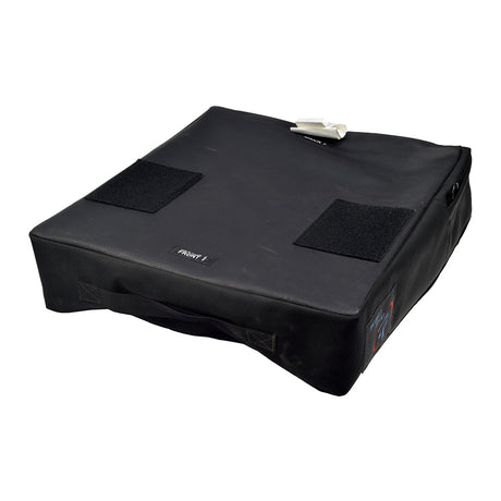 16x18x4-1/2 J2 Deep Contour Power Chair & Wheelchair Seat Cushion (Used) with a black fabric cover and a white label, displayed on a black surface.