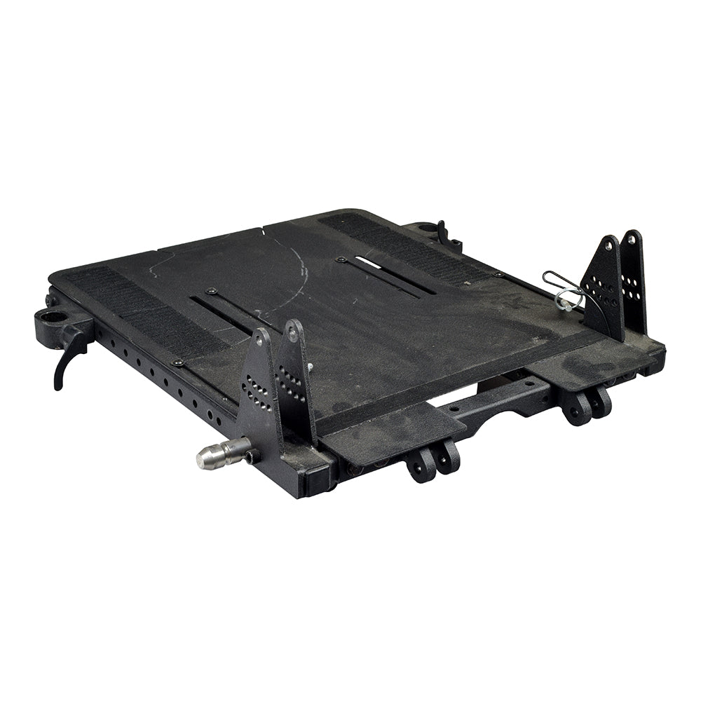 Motion Concepts TRC1740 16 Wide Seat Pan (Used) with visible scratches, featuring a black, rectangular metal design with wheels and screws, designed for a Quickie Pulse 6 power chair.