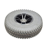 Foam-Filled Drive Wheel Assembly for Rascal 312 (Used) featuring a stack of tires with a rim, close-up of tire tread, and a car rim, showing minimal wear with a knobby style tread.