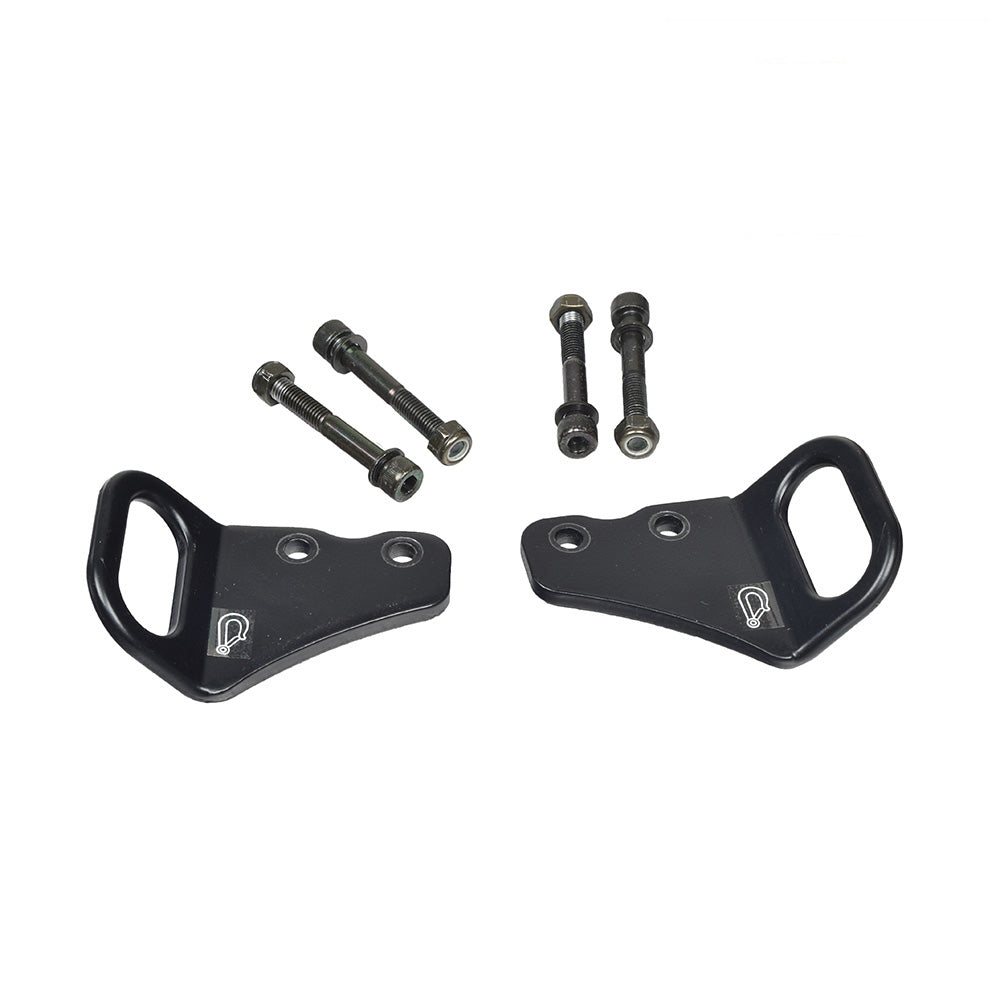 Set of 2 Front Transit Bracket Loops for the Quickie Pulse 6 (Used) including black metal parts, handles with logos and screws, and a group of bolts and nuts for secure vehicle hoisting.