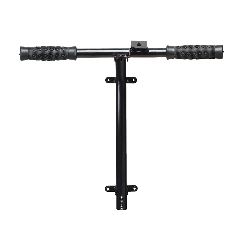 Tiller Post with Grips for the CTM HS-320 (Used), featuring a black steel frame and two rubber handlebar grips, shown close-up.