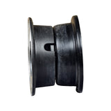 Rear Split-Rim Wheel Hub for the CTM HS-320 (Used) showing a close-up of the black wheel with a silver rim, designed for mounting solid or foam-filled tires.