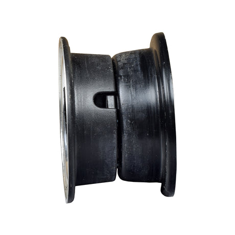 Rear Split-Rim Wheel Hub for the CTM HS-320 (Used) showing a close-up of the black wheel with a silver rim, designed for mounting solid or foam-filled tires.