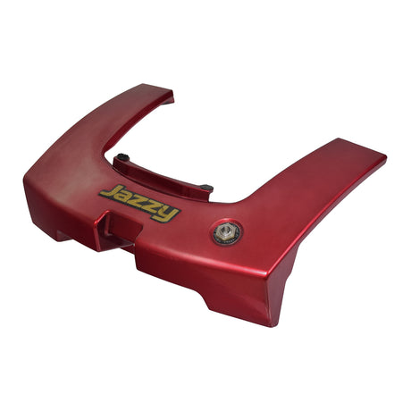 Red Front Shroud Cover for the Jazzy Select, Select GT, Select 6, & Select 6 Ultra (Used) featuring a close-up of a logo and a nut, highlighting minor blemishes.