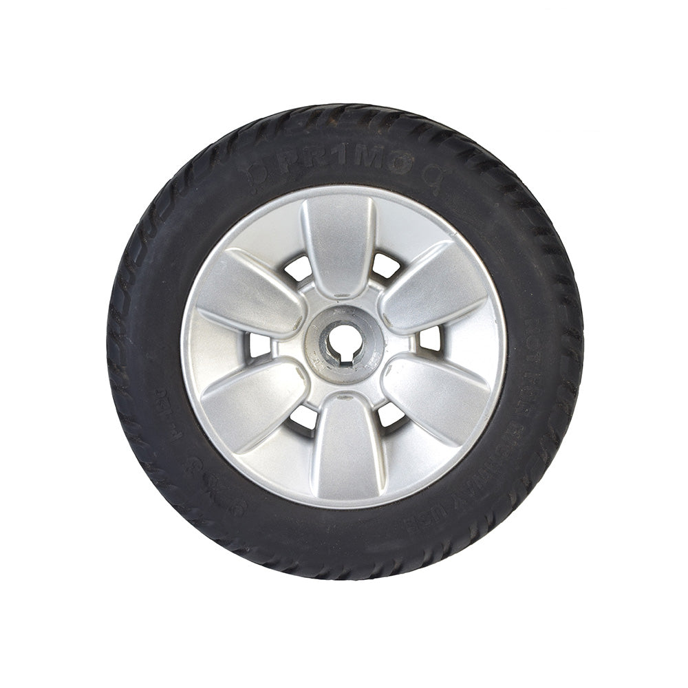 9x3 Flat-Free Drive Wheel Assembly for Jazzy Select Elite & Pride TSS 300, used, featuring a black solid tire with minimal tread wear mounted on a silver rim.