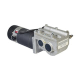 Left Motor for Jazzy Select 14, Select HD, Pride J6 & TSS 450 (Used) - a clean, slightly used silver motor featuring black circular components, with visible barcode and metal bolt details.