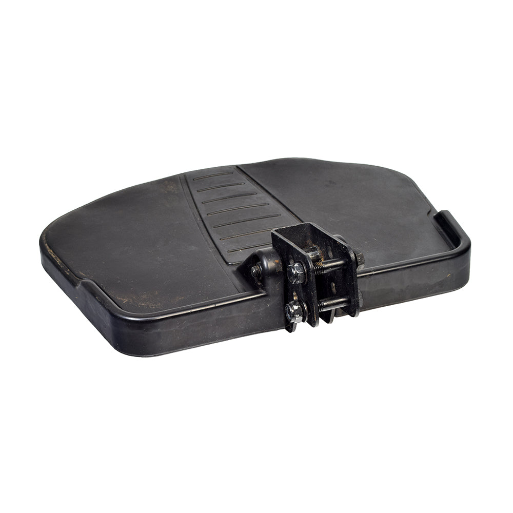 ATX Style Foot Platform Top Cover for Jazzy Power Chairs (Used) featuring a black plastic and metal assembly with attached rubber mat, suitable for models like Jazzy Select, 600, and 610.