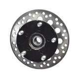 Hub & Disc Assembly for the Pride Pursuit XL (SC714) (Used) featuring a black and silver disc with holes, slightly marked around the bearings, designed for the front wheels of the mobility scooter.