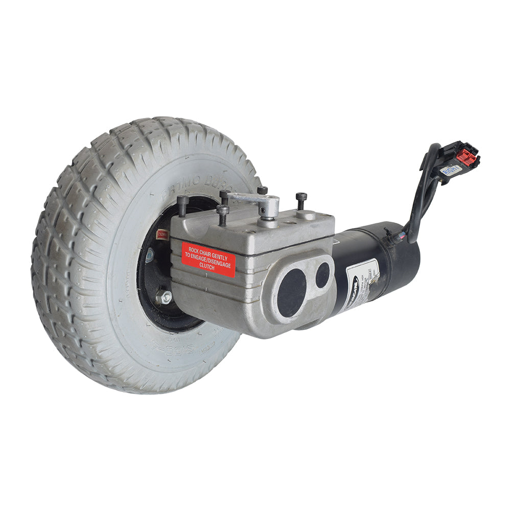 Right Side Motor & Wheel Assembly for the Invacare Pronto M71 (Used) featuring a foam-filled tire, black electrical connector, and visible metal components, ideal for economical power chair part replacement.