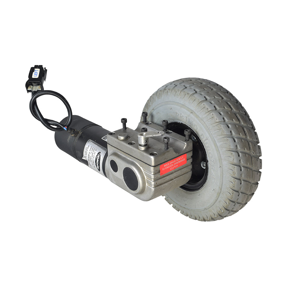 Left Side Motor & Wheel Assembly for the Invacare Pronto M71 (Used), featuring a foam-filled tire and drive motor.