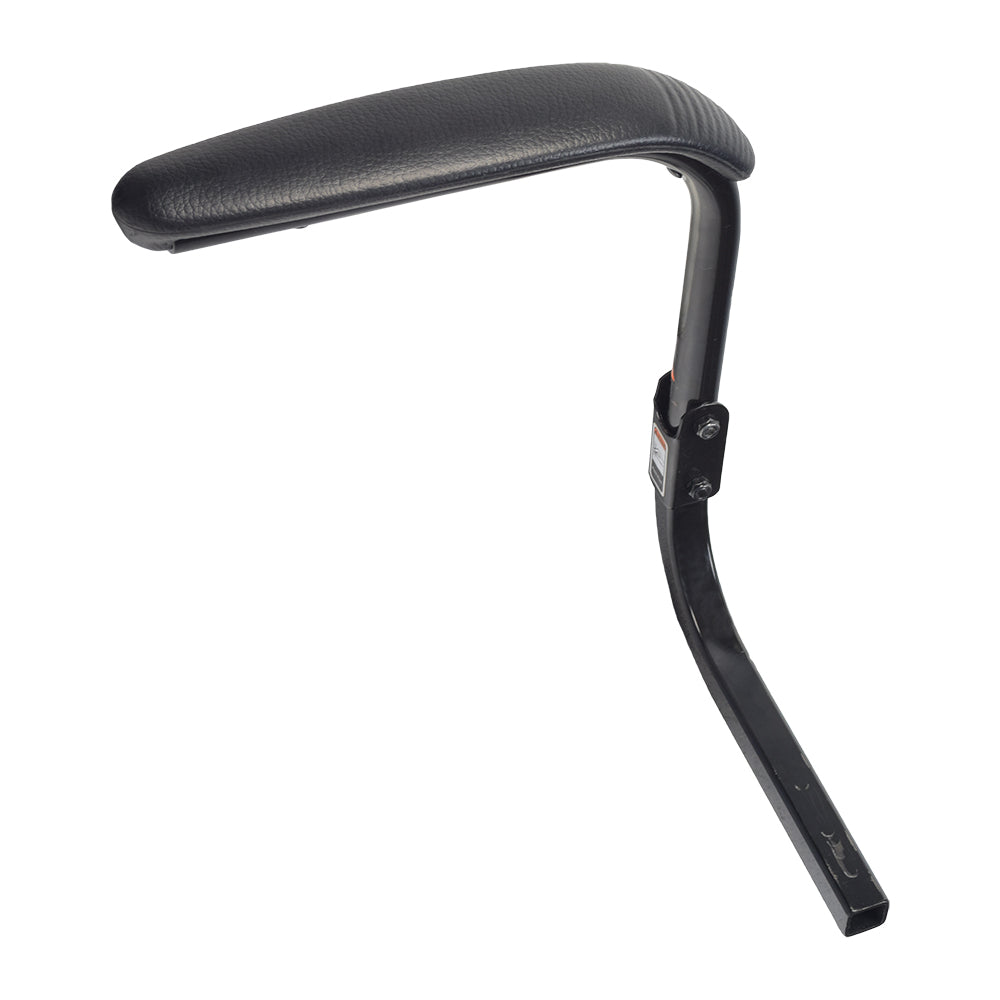 Armrest Assembly for the Shoprider Echo & Hero (Used) features a black leather pad and metal tube with slight blemishes, perfect for upgrading or replacing mobility scooter armrests.