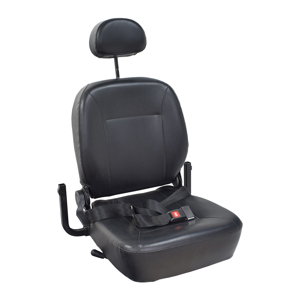 18x18 Hi-Back Black Vinyl Limited Recline Comfort Seat Assembly for Jazzy Power Chairs (Used), featuring an integrated seat belt, headrest, and minor wear, but no armrests.