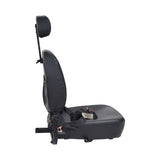 18x18 Hi-Back Black Vinyl Limited Recline Comfort Seat Assembly for Jazzy Power Chairs (Used), featuring a black seat with headrest, seat belt, and visible pocket.