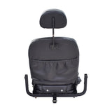 18x18 Hi-Back Black Vinyl Limited Recline Comfort Seat Assembly for Jazzy Power Chairs (Used), showcasing a detailed back view with visible seat frame, headrest, and lap belt, highlighting minor wear.