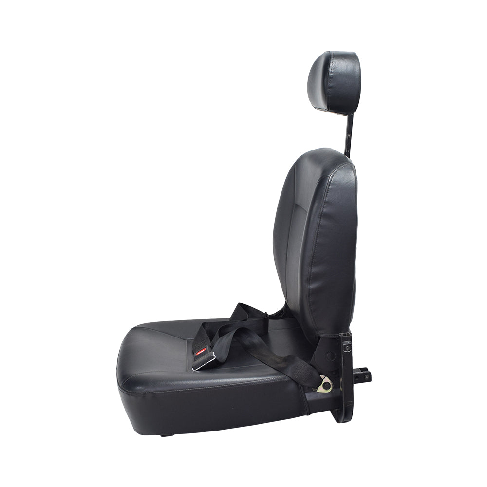 18x18 Hi-Back Black Vinyl Limited Recline Comfort Seat Assembly for Jazzy Power Chairs (Used), featuring a seat base, back, headrest, and lap belt. Some minor scrapes and tatters are visible.