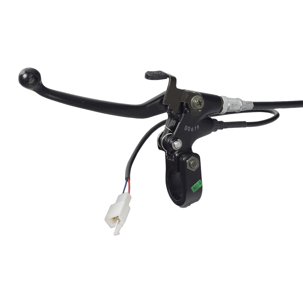 Front Drum Brake Assembly with Cable, Lever, & Drum Brake Shoes for the eWheels EW-36 Scooter (Used), featuring visible black handlebar with wires, green sticker, and close-up of screws and cables.