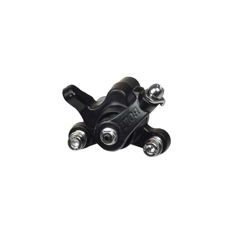 Black Brake Caliper with Right Arm for Scooters & Mini Bikes, featuring a black and silver mechanical design and a visible screw, suitable for disc brakes on scooters, go-karts, and pocket bikes.