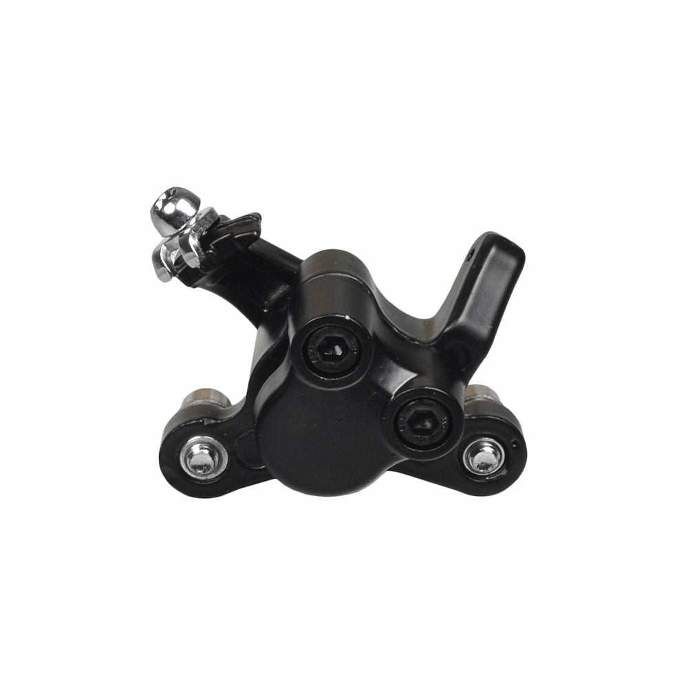 Black Brake Caliper with Right Arm for Scooters & Mini Bikes, featuring a robust black and silver design with metalware components, suitable for disc brakes on scooters, go-karts, and pocket bikes.