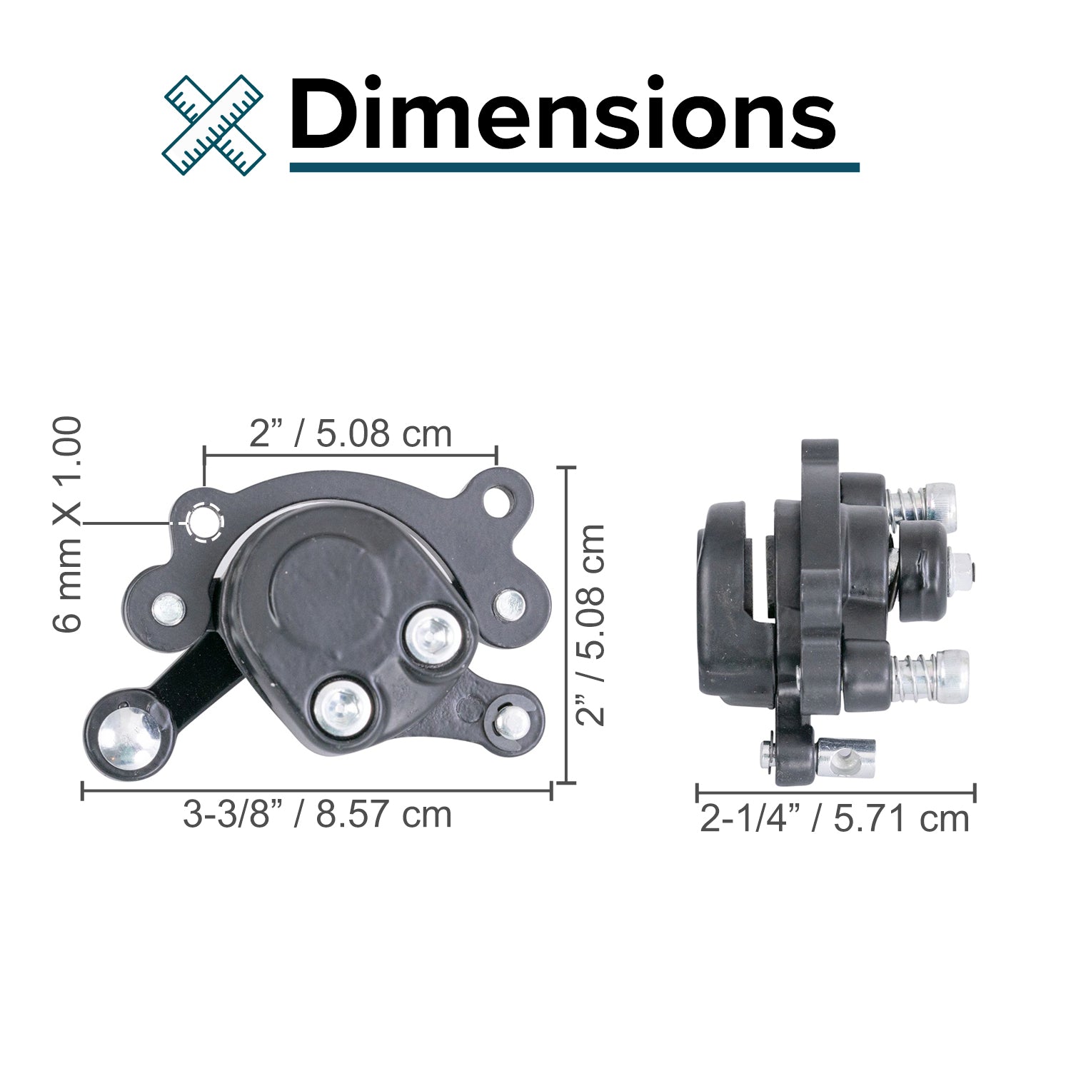 Brake Caliper with Left Arm for Scooters (Standard) shown in a detailed diagram, featuring small screws and brake pads pre-installed, used on specific scooter models.