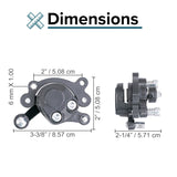 Brake Caliper with Left Arm for Scooters (Standard) shown in a detailed diagram, featuring small screws and brake pads pre-installed, used on specific scooter models.