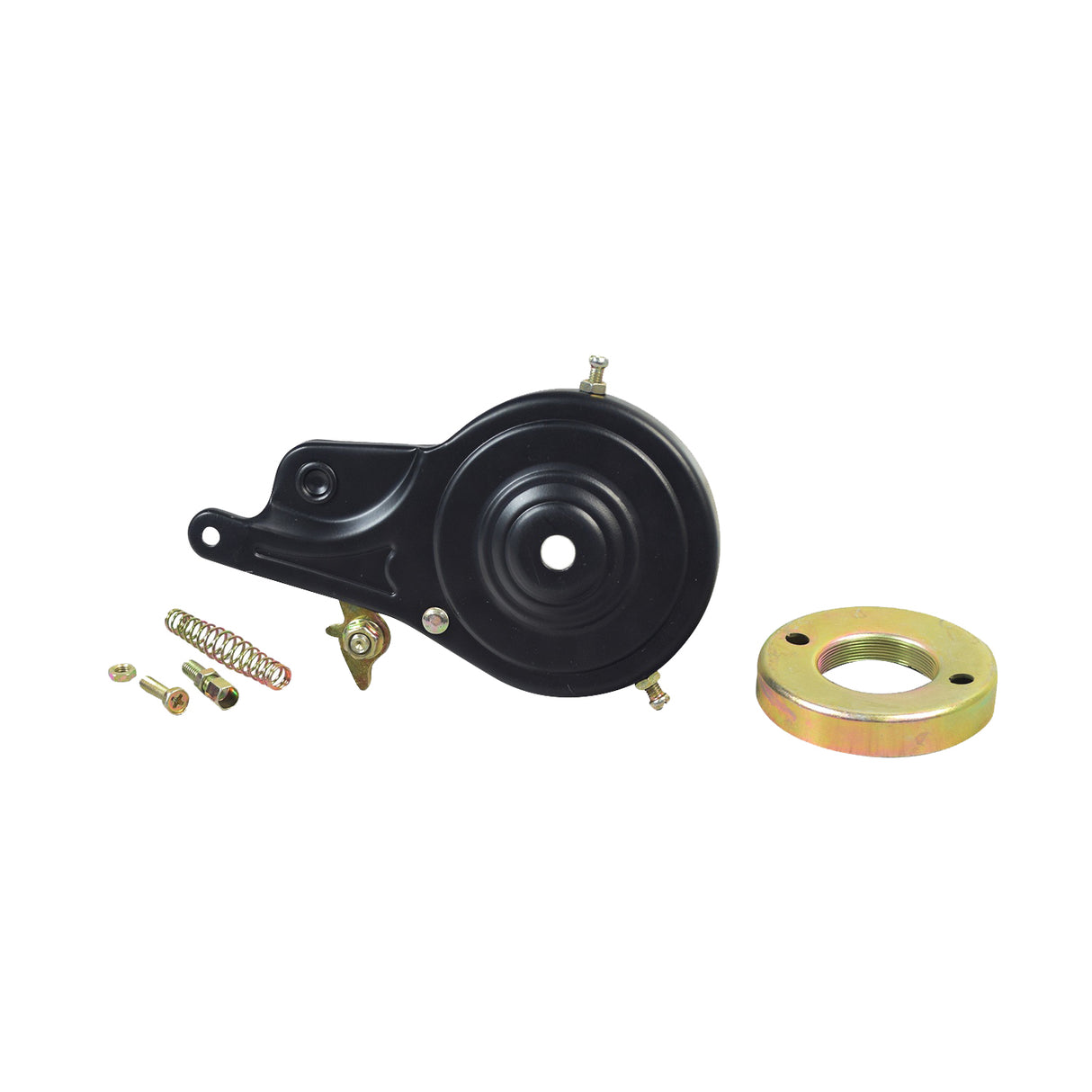 70 mm Rear Band Brake Assembly featuring a black painted steel body with a riveted band brake, visible screws, bolts, and a central hole.